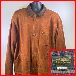 Vintage Eddie Bauer Sz‎ L Brown Leather Plaid Flannel Lined Coat Jacket